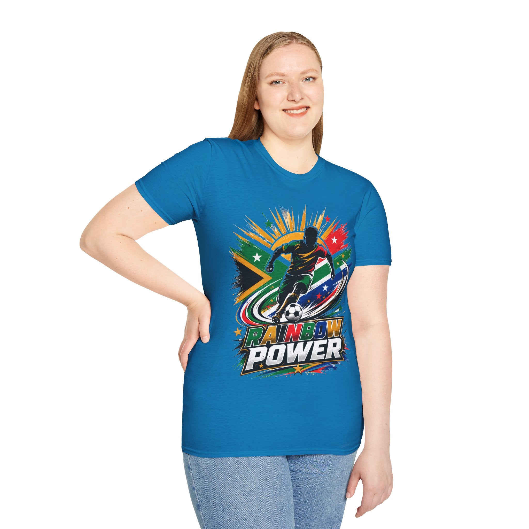 South Africa Soccer Rainbow Power T-Shirt — Colorful Football Player Graphic Tee