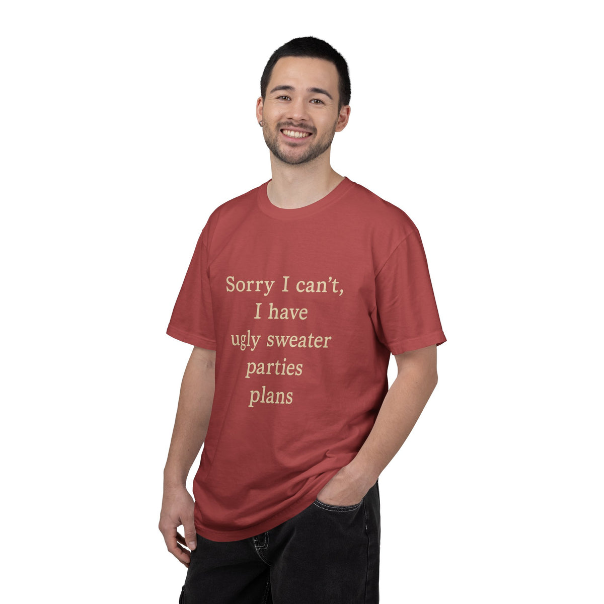 Funny Holiday Party Tee — "Sorry I can't, I have ugly sweater parties plans" T-Shirt - Trending Now - October 2026