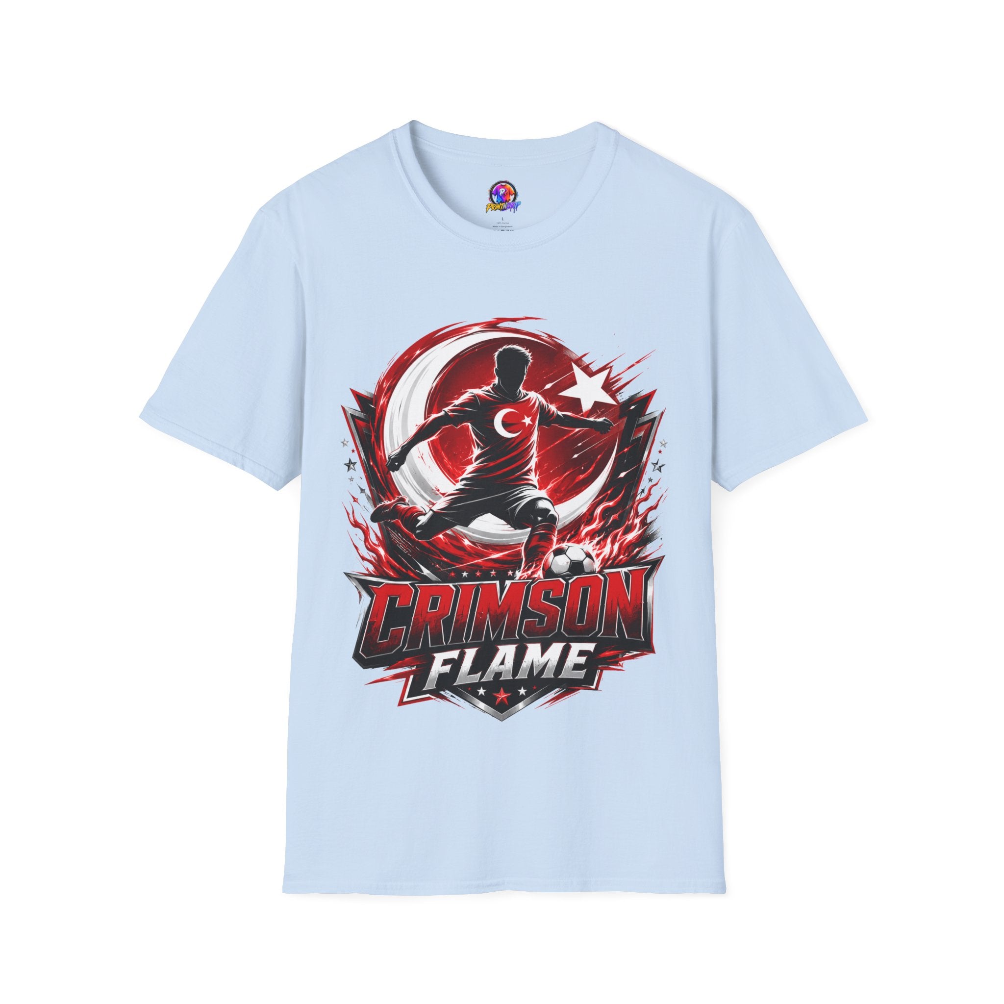 Turkey Crimson Flame Soccer T-Shirt — Turkish Crescent & Star Football Fan Tee