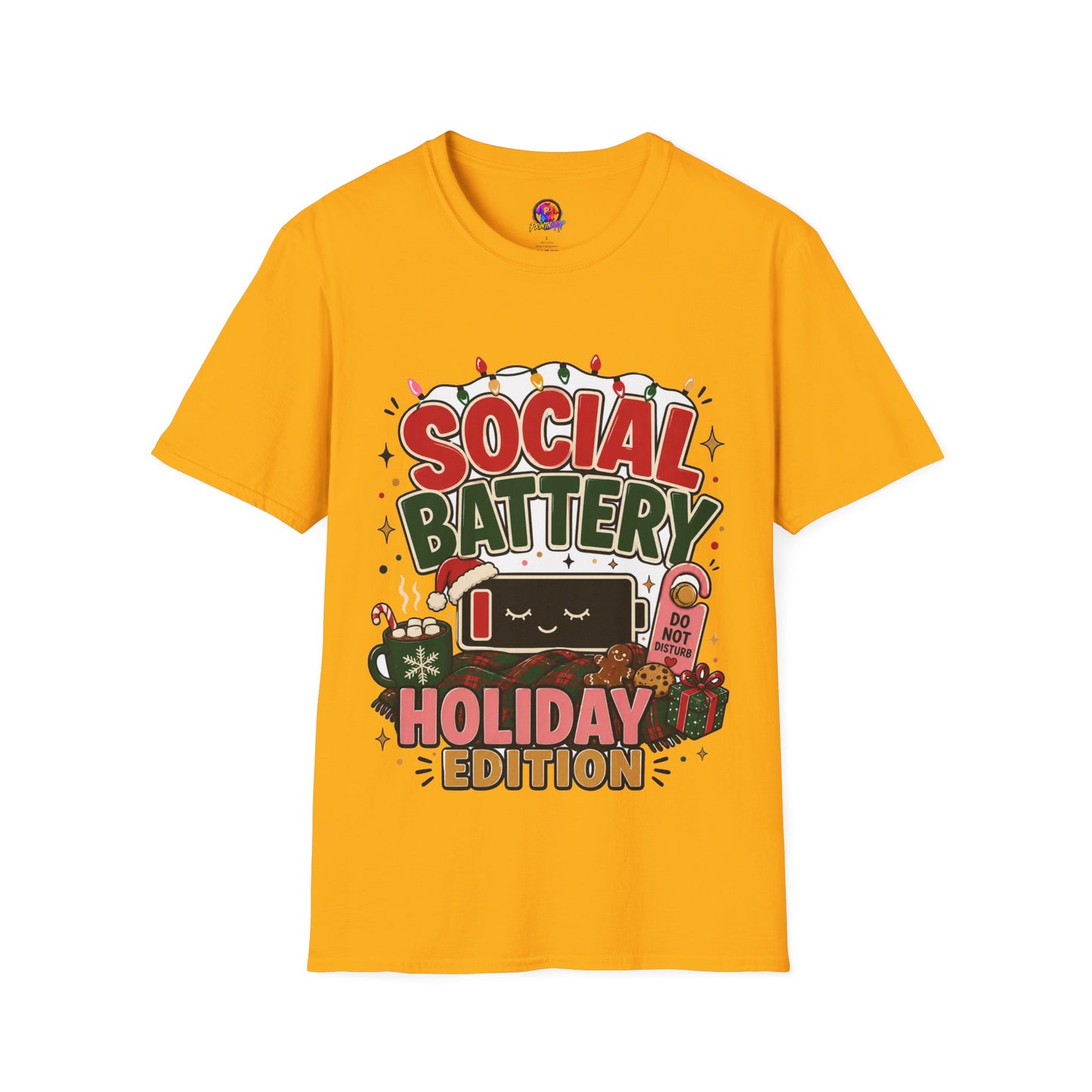 Social Battery Holiday T‑Shirt — Funny Christmas Recharge Graphic Tee