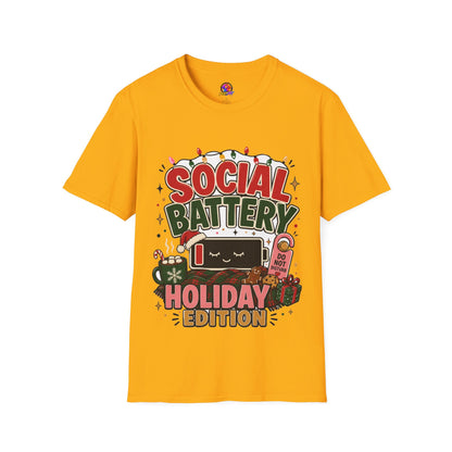 Social Battery Holiday T‑Shirt — Funny Christmas Recharge Graphic Tee
