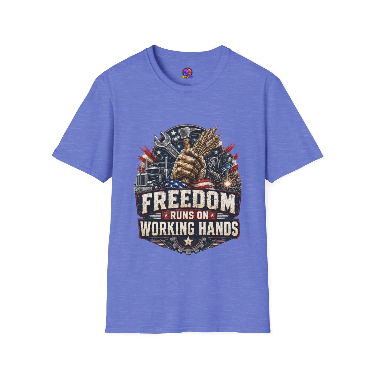 Freedom Runs on Working Hands T-Shirt — Patriotic Mechanic Tool & Wheat Design