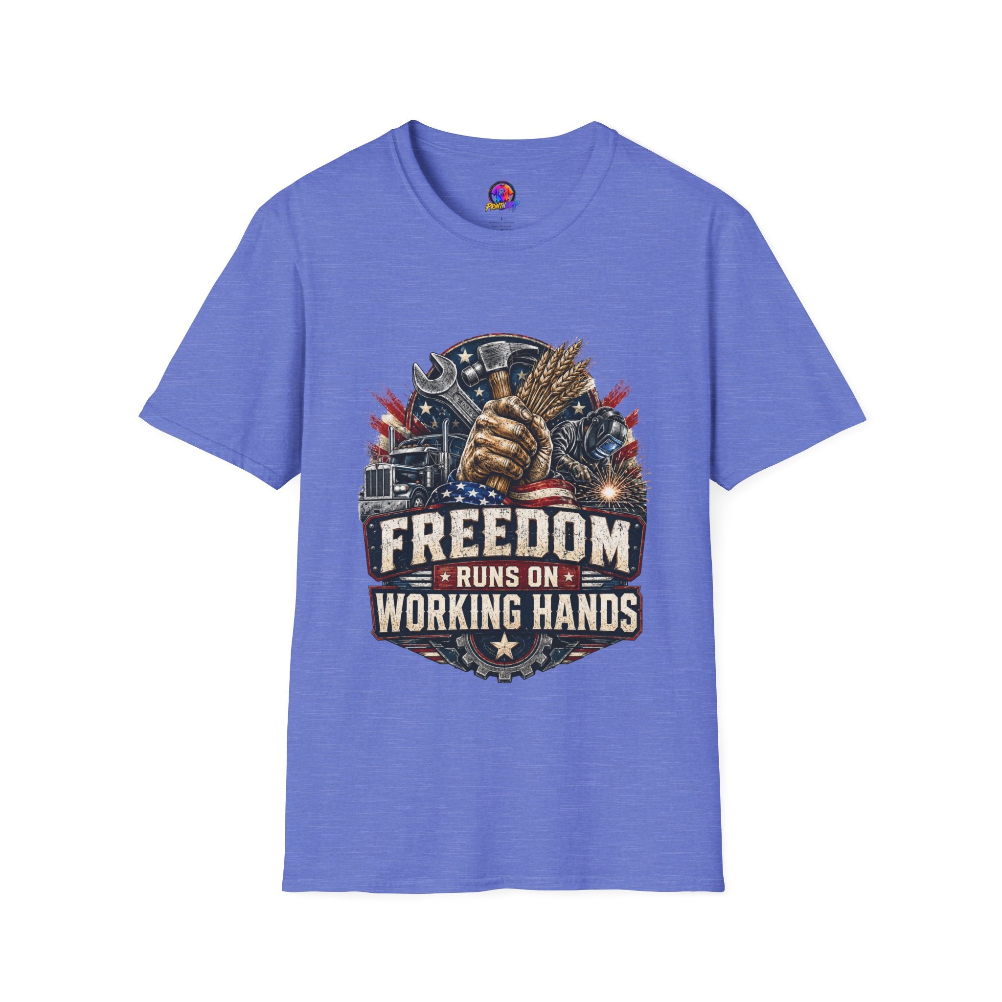 Freedom Runs on Working Hands T-Shirt — Patriotic Mechanic Tool & Wheat Design