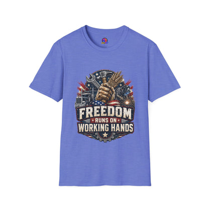 Freedom Runs on Working Hands T-Shirt — Patriotic Mechanic Tool & Wheat Design