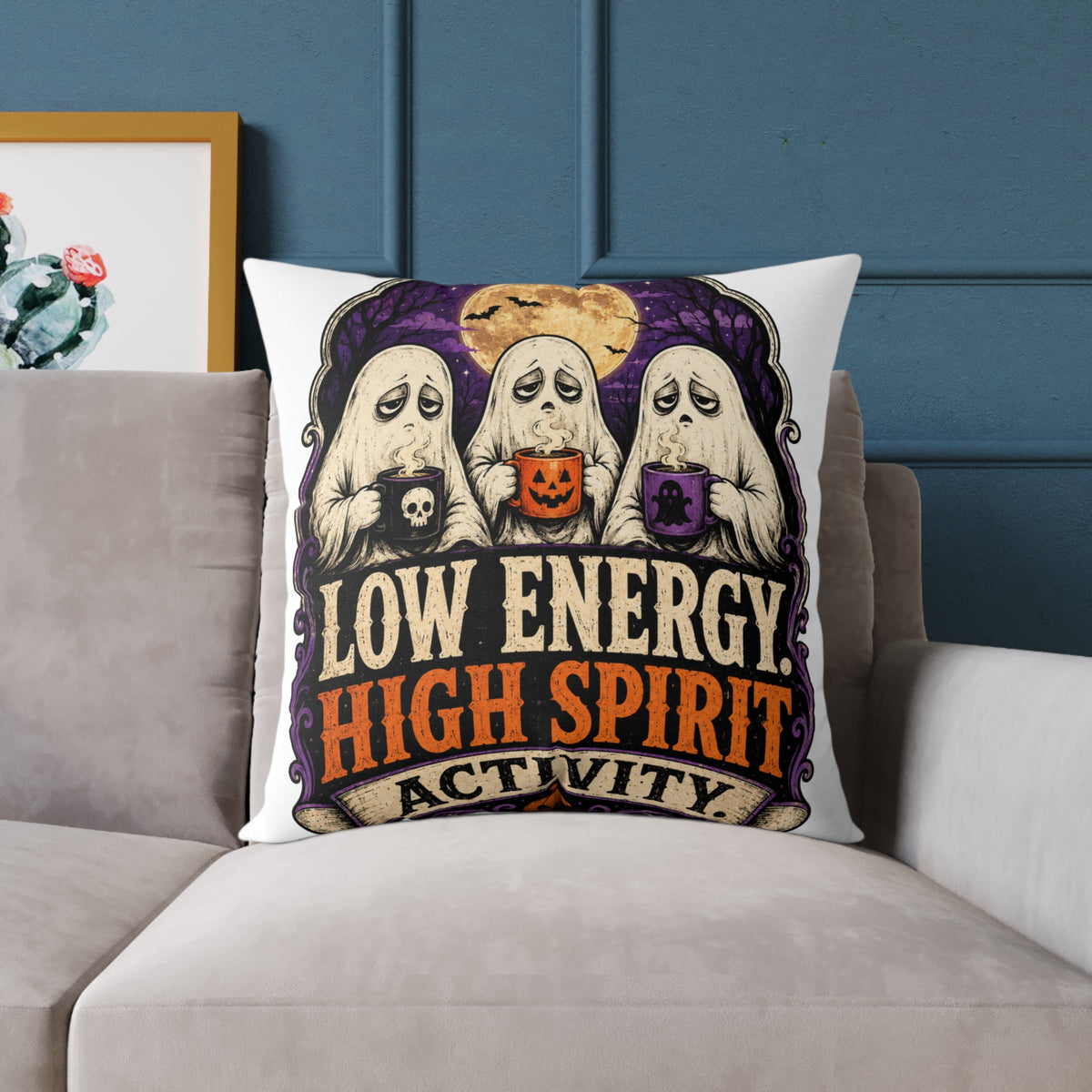 Halloween Ghost Pillow — "Low Energy, High Spirit" Decorative Throw Pillow