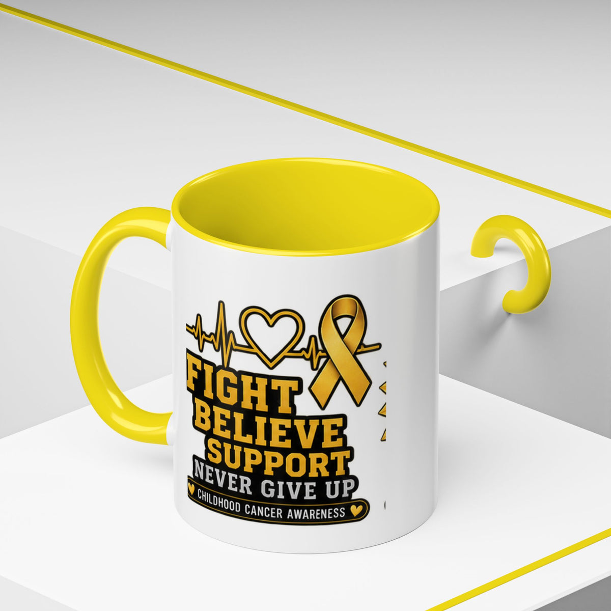 Childhood Cancer Awareness Accent Coffee Mug — "Fight Believe Support" 11/15oz