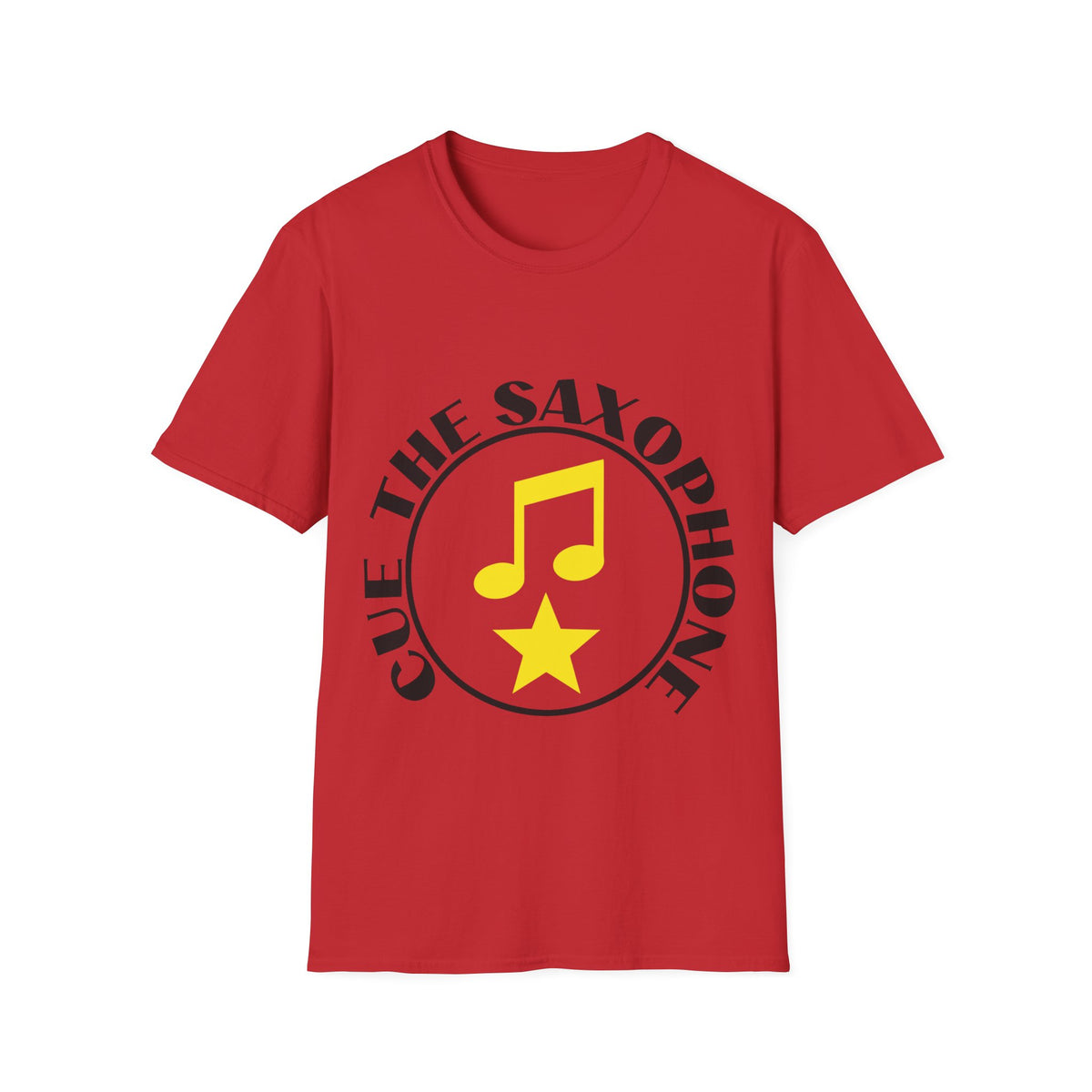 Cue The Saxophone Yellow Badge Tee - Funny Retro Music Slogan Graphic T-Shirt - Trending Now - September 2026