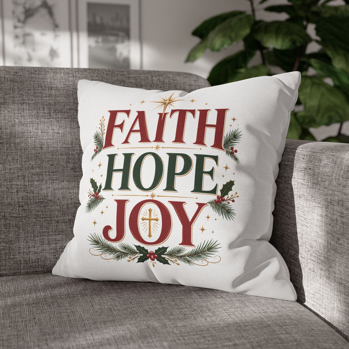 Faith Hope Joy Christmas Pillowcase – Holiday Decorative Throw Pillow Cover