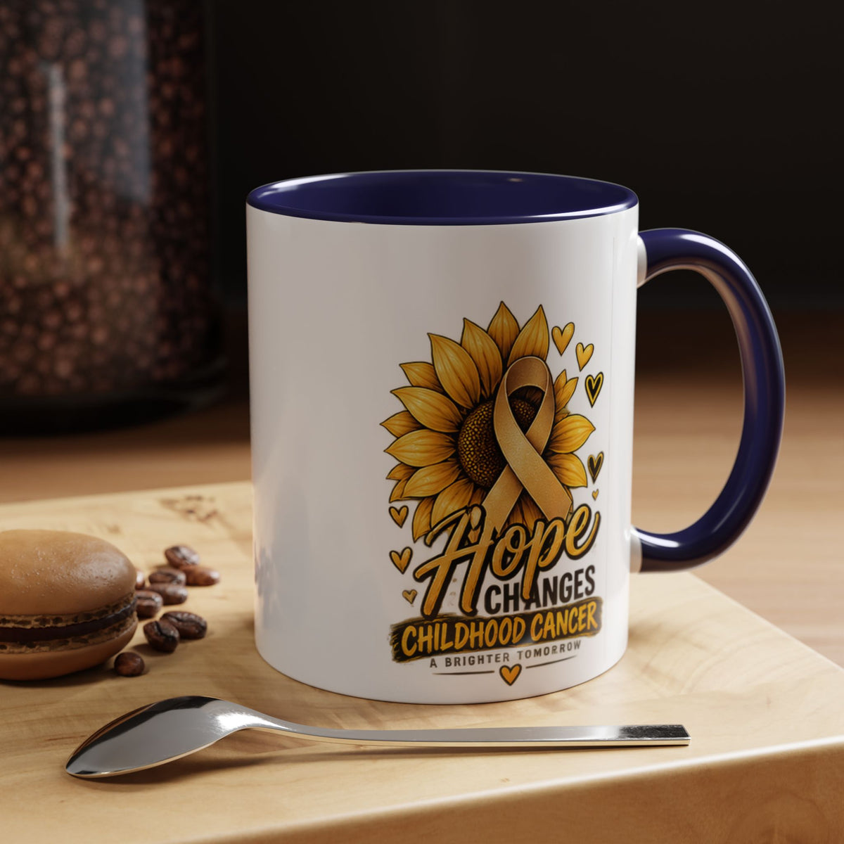 Hope Changes Childhood Cancer Mug – Gold Ribbon Sunflower Accent Coffee Cup (11/15oz)