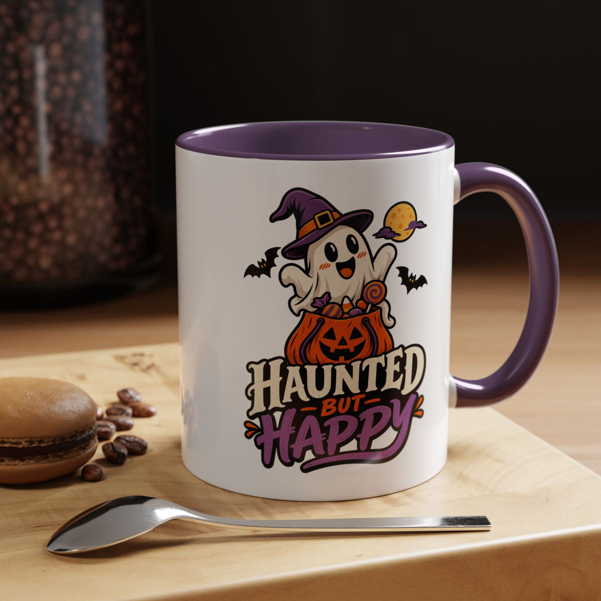Haunted But Happy Coffee Mug — Halloween Ghost Pumpkin Accent Mug (11/15oz)