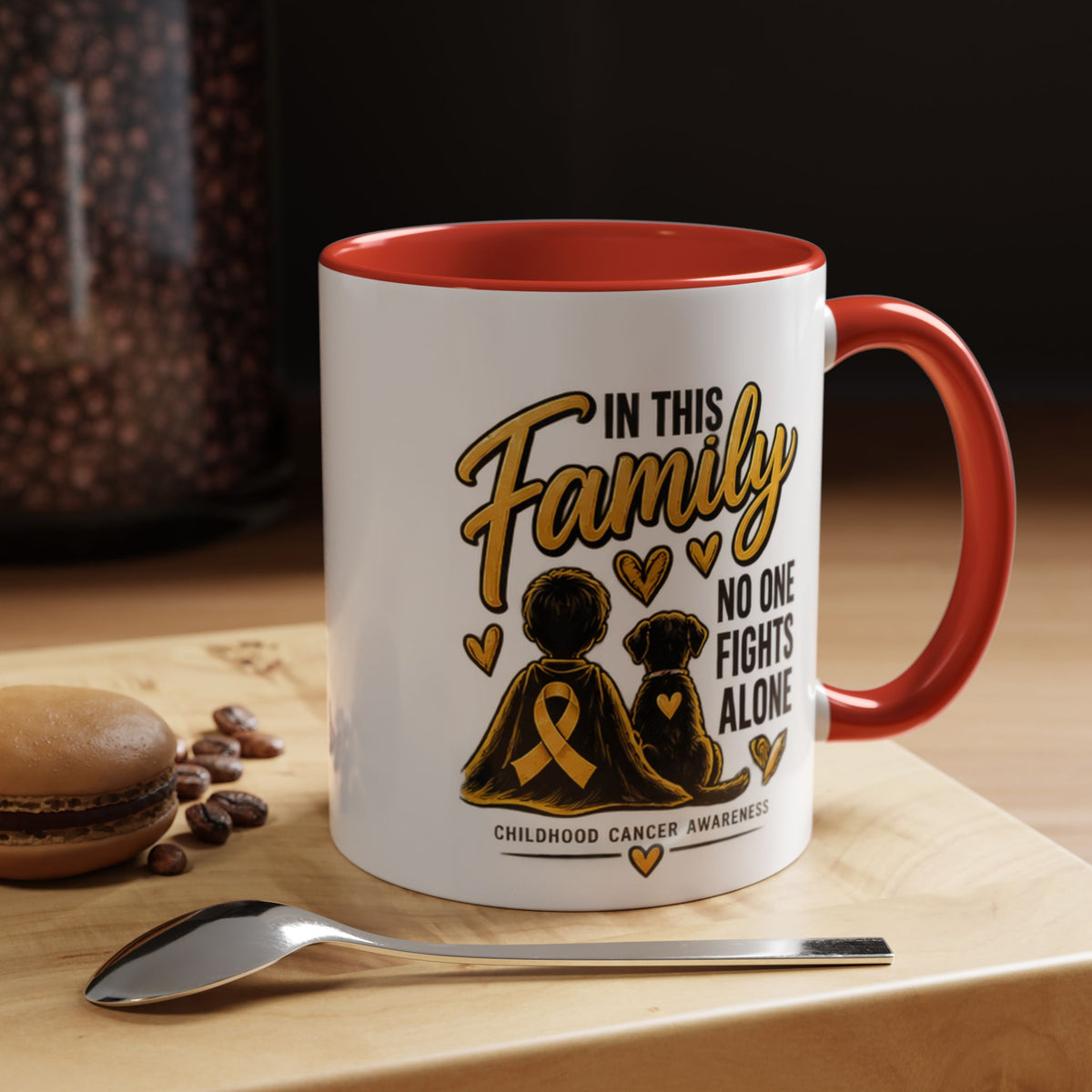 Childhood Cancer Awareness Coffee Mug — "In This Family No One Fights Alone"