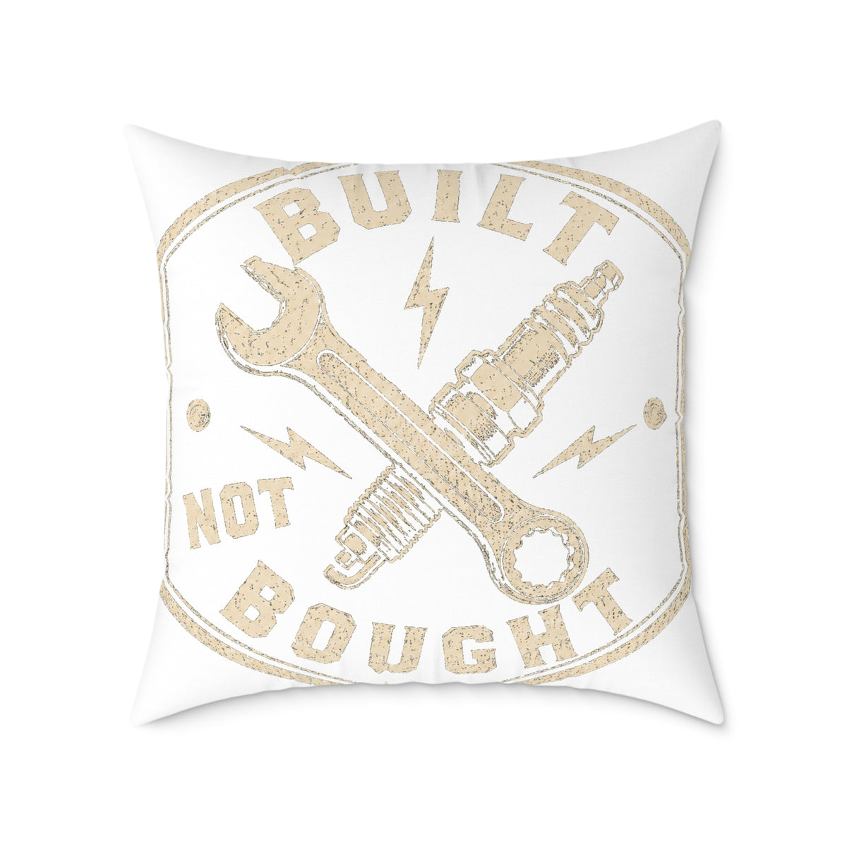Built Not Bought Square Pillow Milo Bailey Dog Dad Mom— Mechanic Wrench & Spark Plug Decor