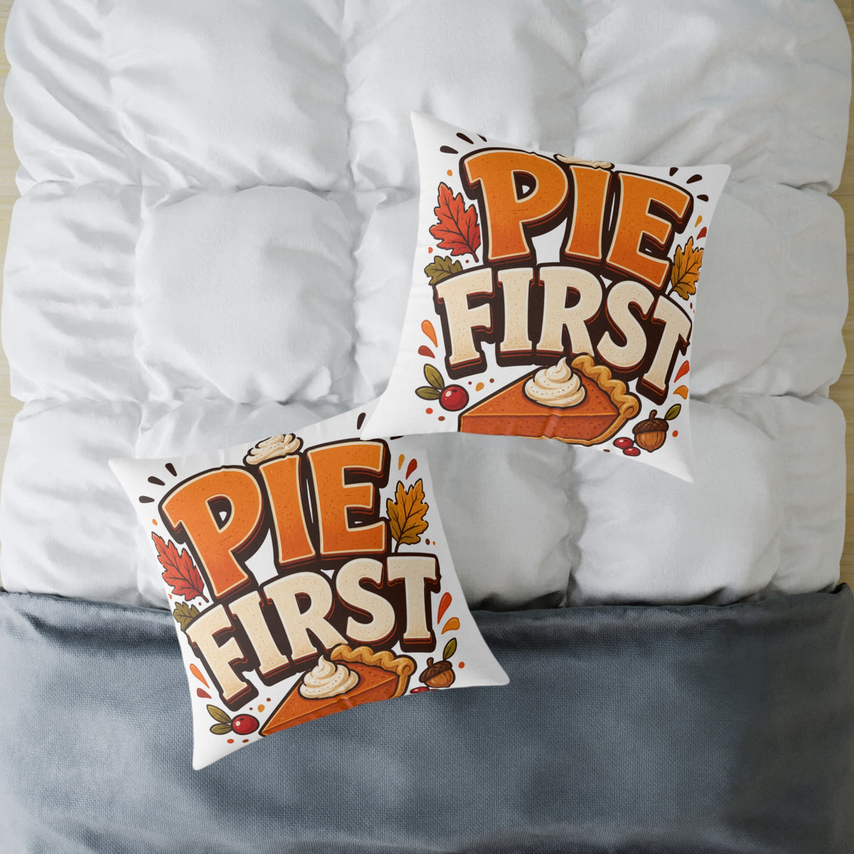 Thanksgiving Pie First Throw Pillow — Thanksgiving Decor Pillow with Pumpkin Pie Graphic