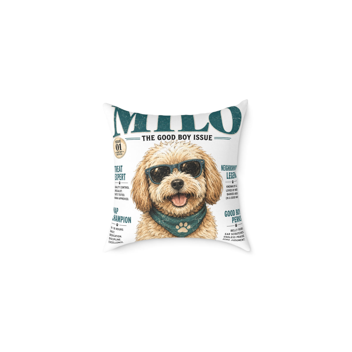 Milo 'The Good Boy Issue' Square Throw Pillow - Milo Bailey Dog Dad Mom Cute Dog Magazine Cover Decor