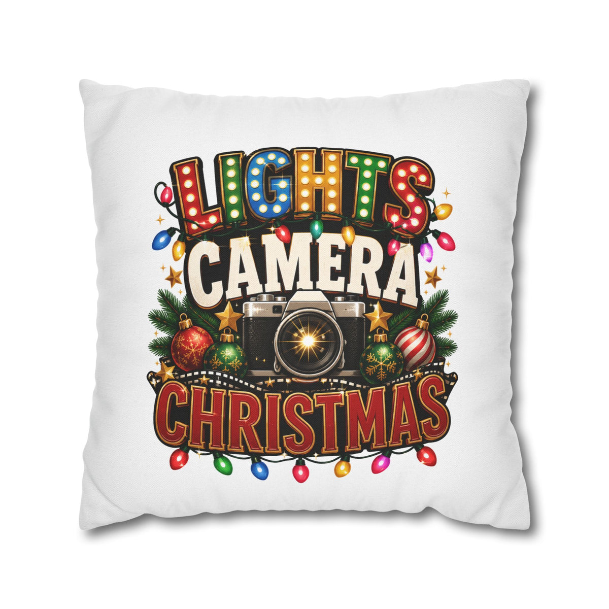 Christmas Photographer Pillowcase – “Lights Camera Christmas” Decorative Throw Pillow
