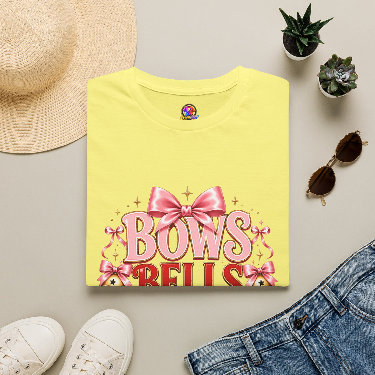 T-Shirt — "Bows Bells Bliss" Pink Holiday Graphic Tee
