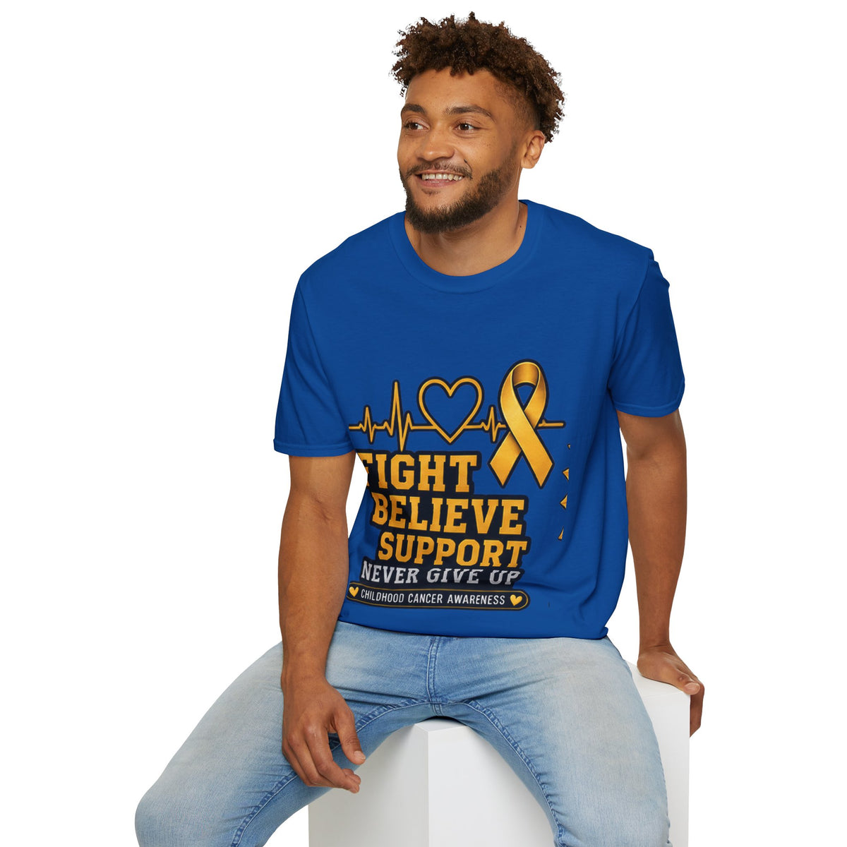 Childhood Cancer Awareness T-Shirt – "Fight Believe Support Never Give Up" Gold Ribbon Tee