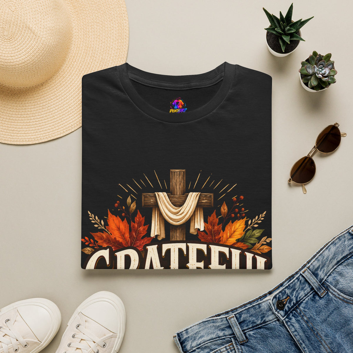 Thanksgiving T-Shirt Grateful Heart T-Shirt — Christian Cross & Autumn Leaves Thanksgiving Tee