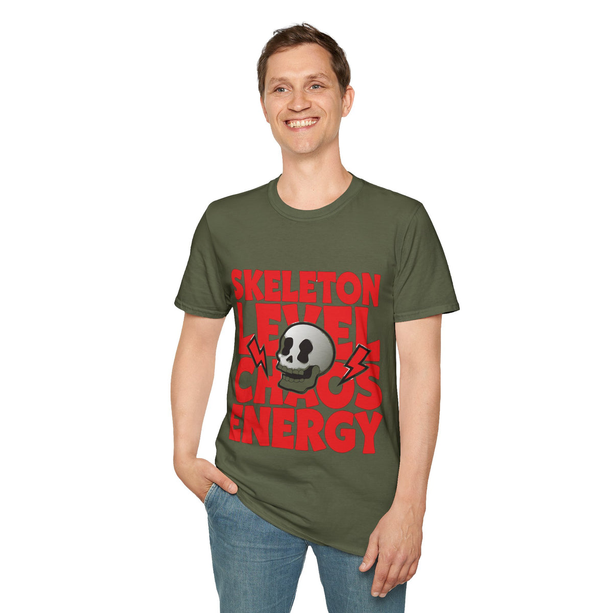 Skeleton Level Chaos Energy Red Block Tee - Bold Skull Lightning Graphic T-Shirt - Trending Now - September 2026