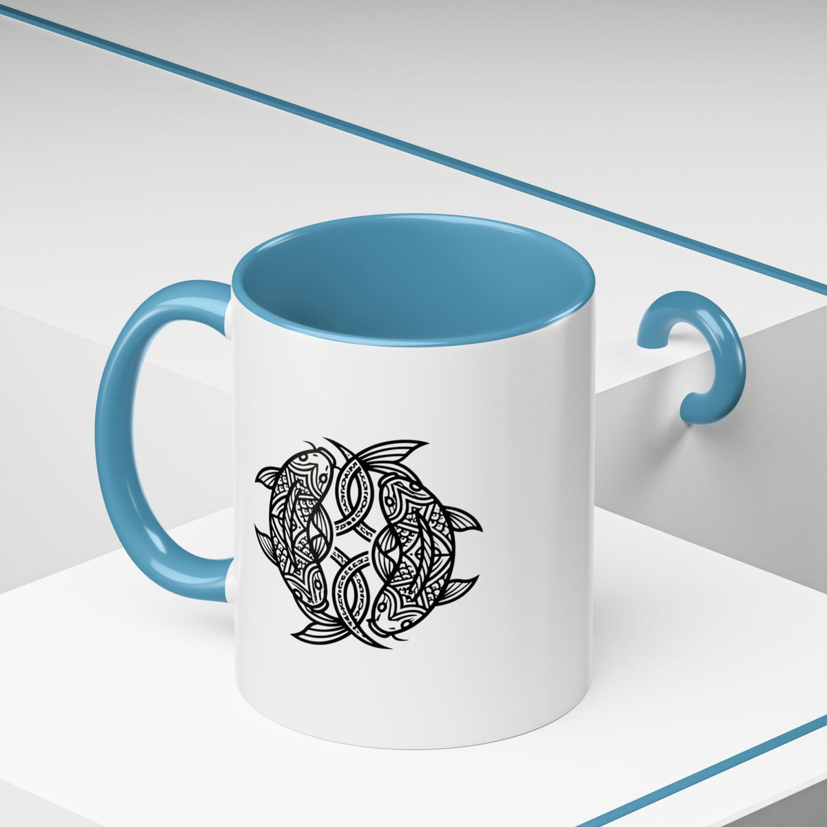 Pisces Zodiac Turtle Mandala Accent Coffee Mug – Black Interior & Handle, Intricate Tribal Sea Turtle Design