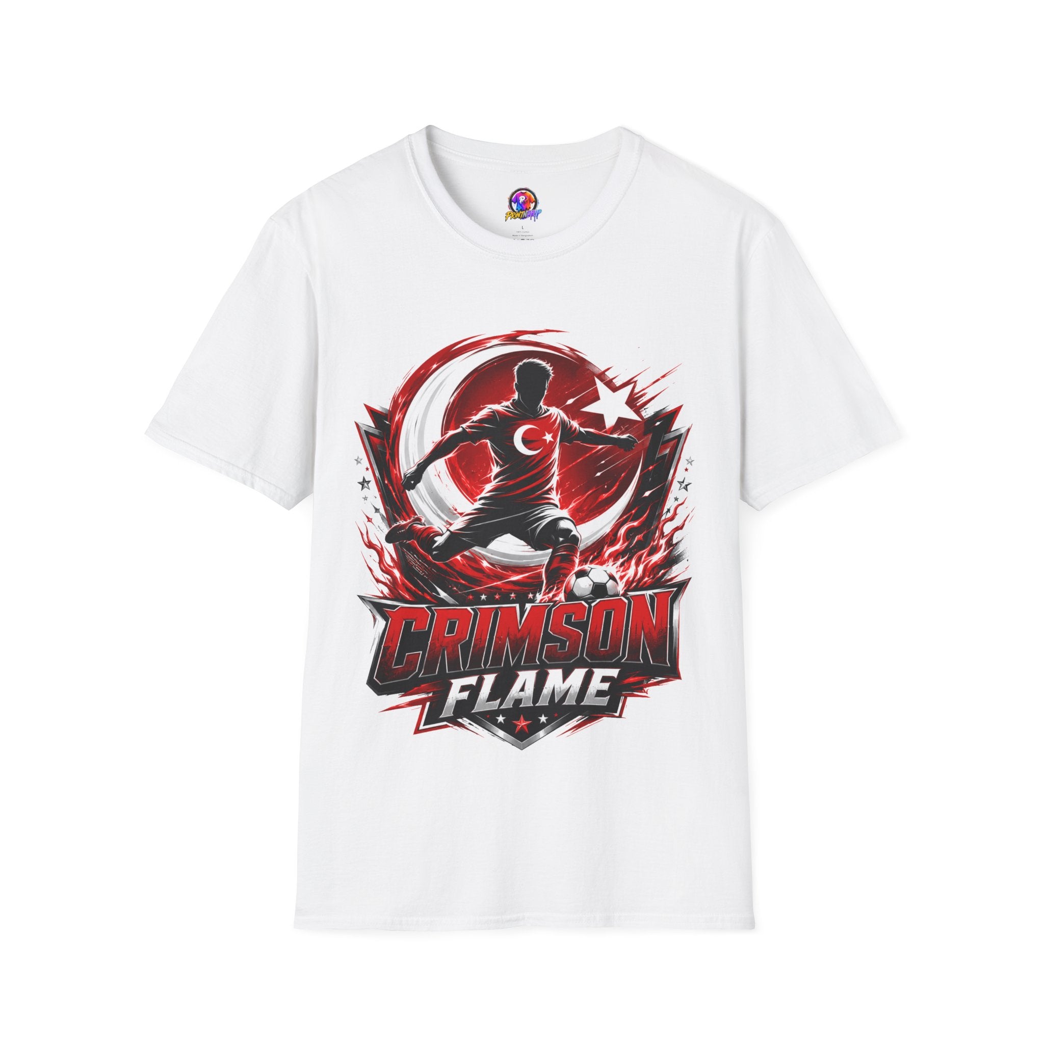 Turkey Crimson Flame Soccer T-Shirt — Turkish Crescent & Star Football Fan Tee