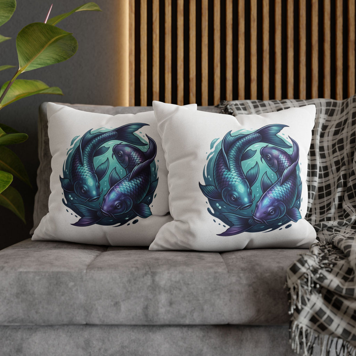 Pisces Koi Fish Decorative Pillowcase — Blue Yin Yang Aquatic Throw Pillow Cover