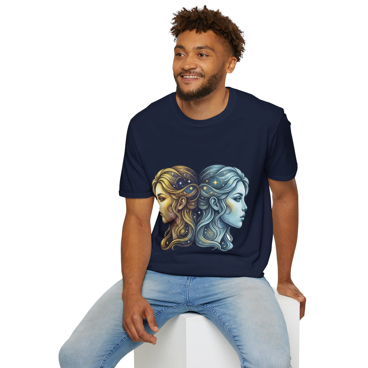 Zodiac Gemini Sun & Moon T-Shirt — Dual Faces Cosmic Design