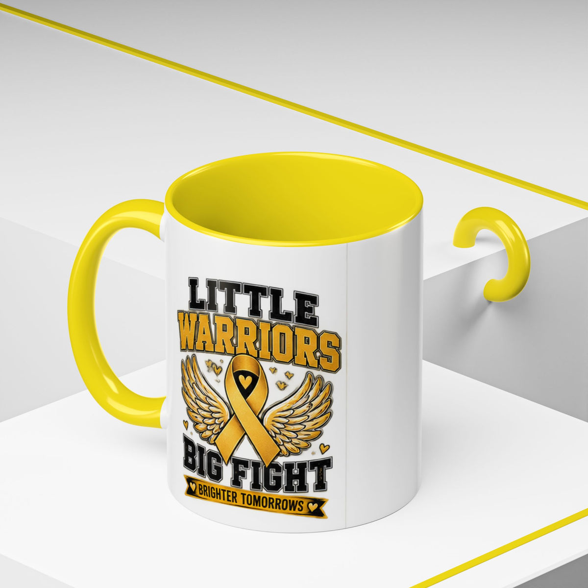 Little Warriors Big Fight Childhood Cancer Awareness Coffee Mug — Gold Ribbon Support Accent Mug