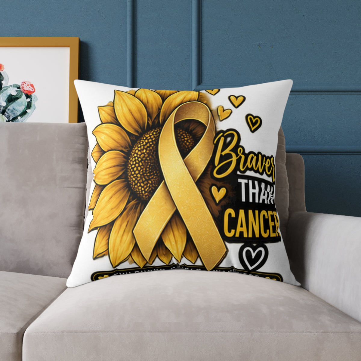Sunflower Gold Ribbon Pillow —Childhood Cancer  'Braver Than Cancer' Awareness Throw Pillow