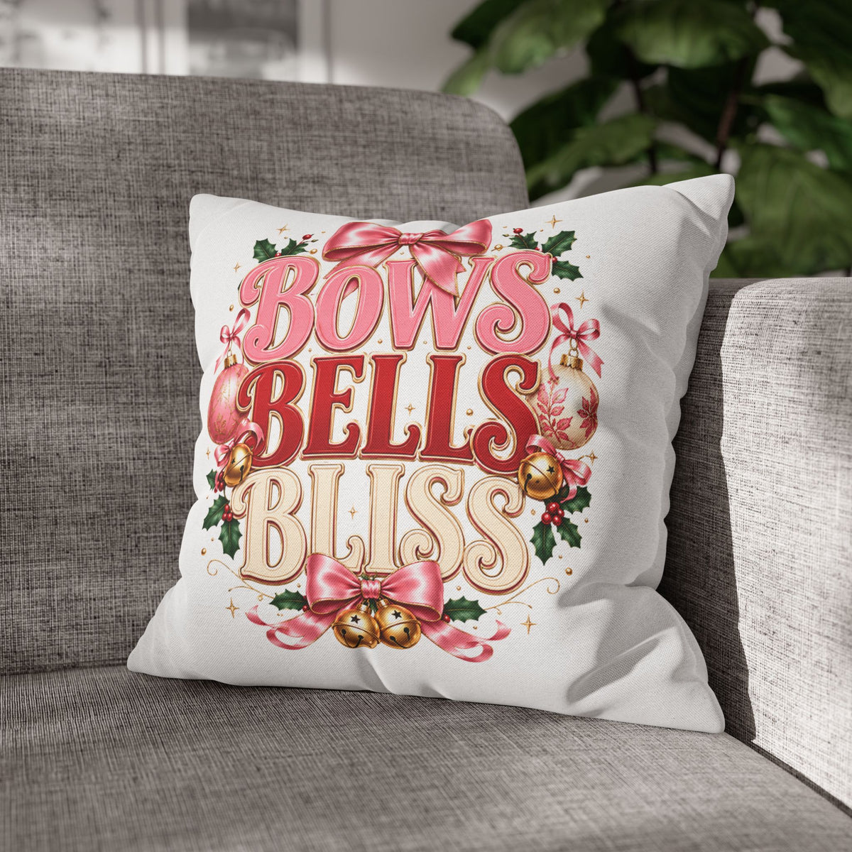 Christmas Decorative Pillowcase — "Bows Bells Bliss" Pink Holiday Throw Pillowcase