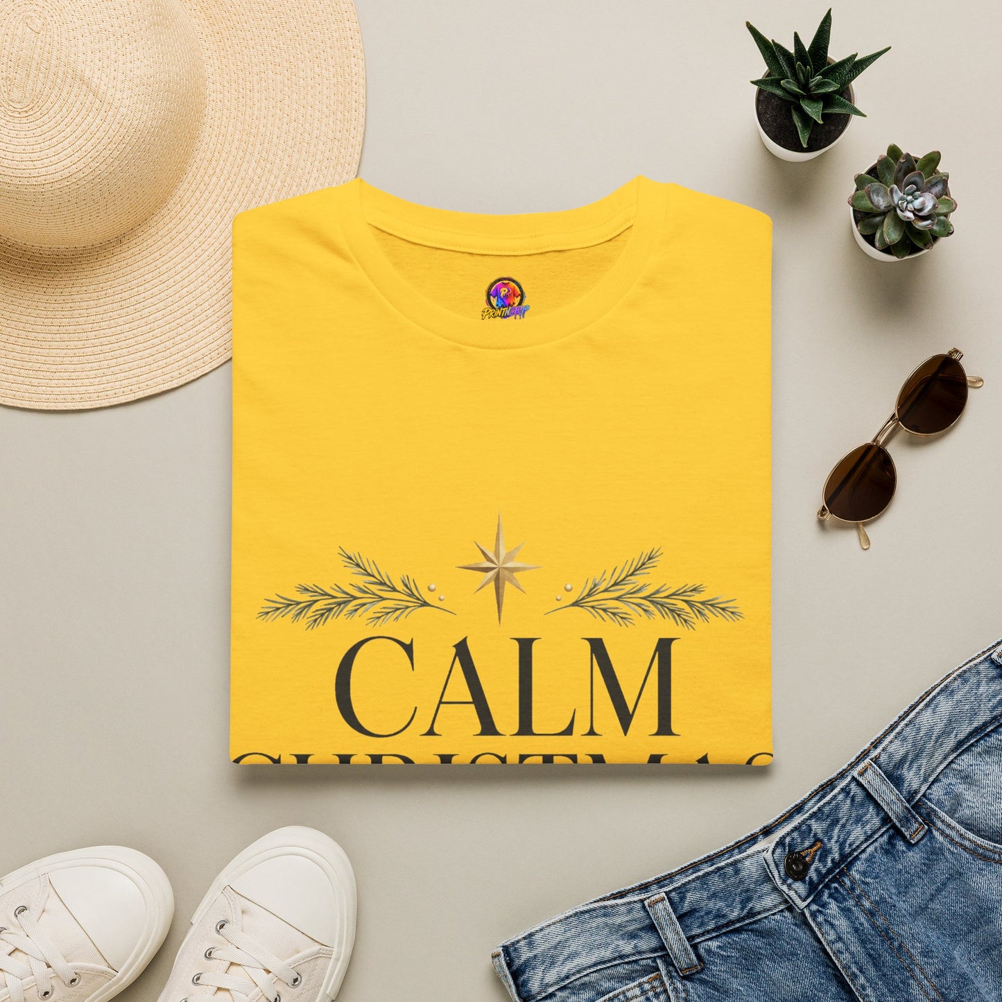 Calm Christmas Club T-Shirt — Holiday Relaxed Tee with Star & Pine Design