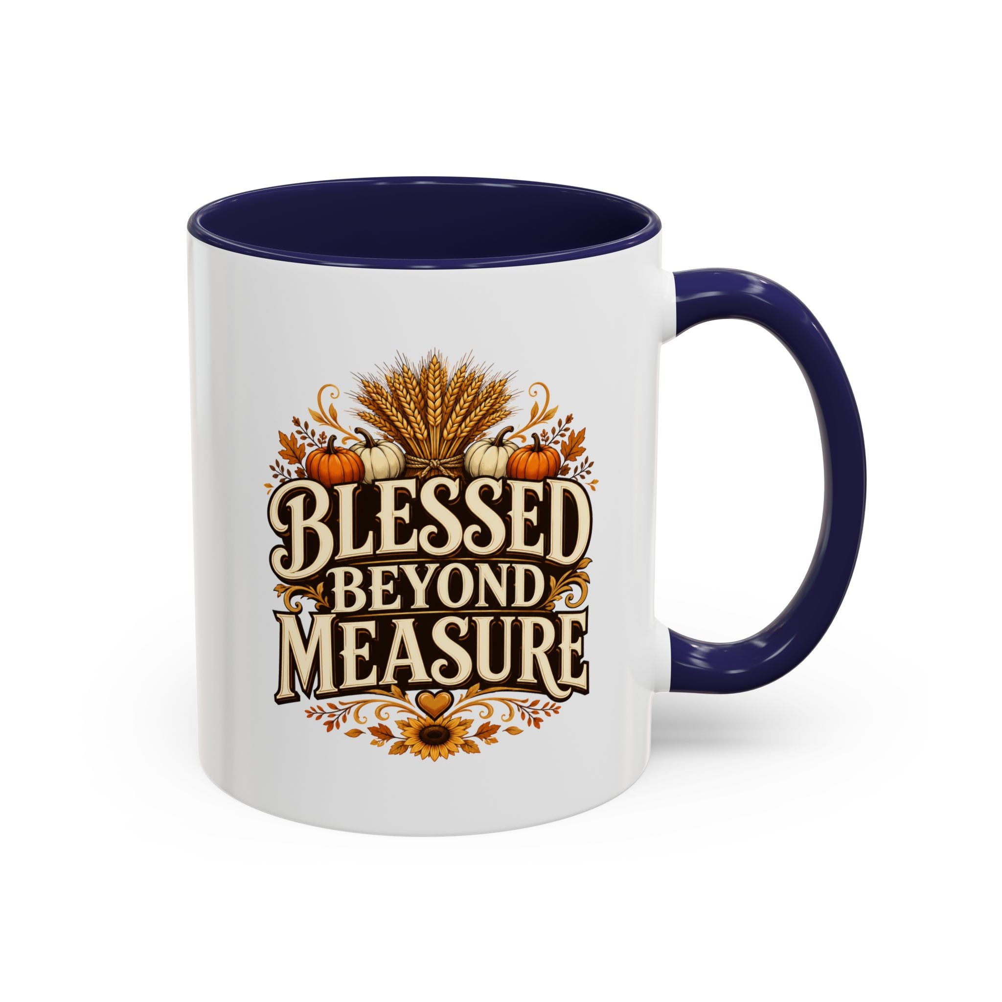 Thanksgiving Mug Blessed Beyond Measure Accent Coffee Mug — Fall Pumpkin & Wheat Autumn Faith Mug