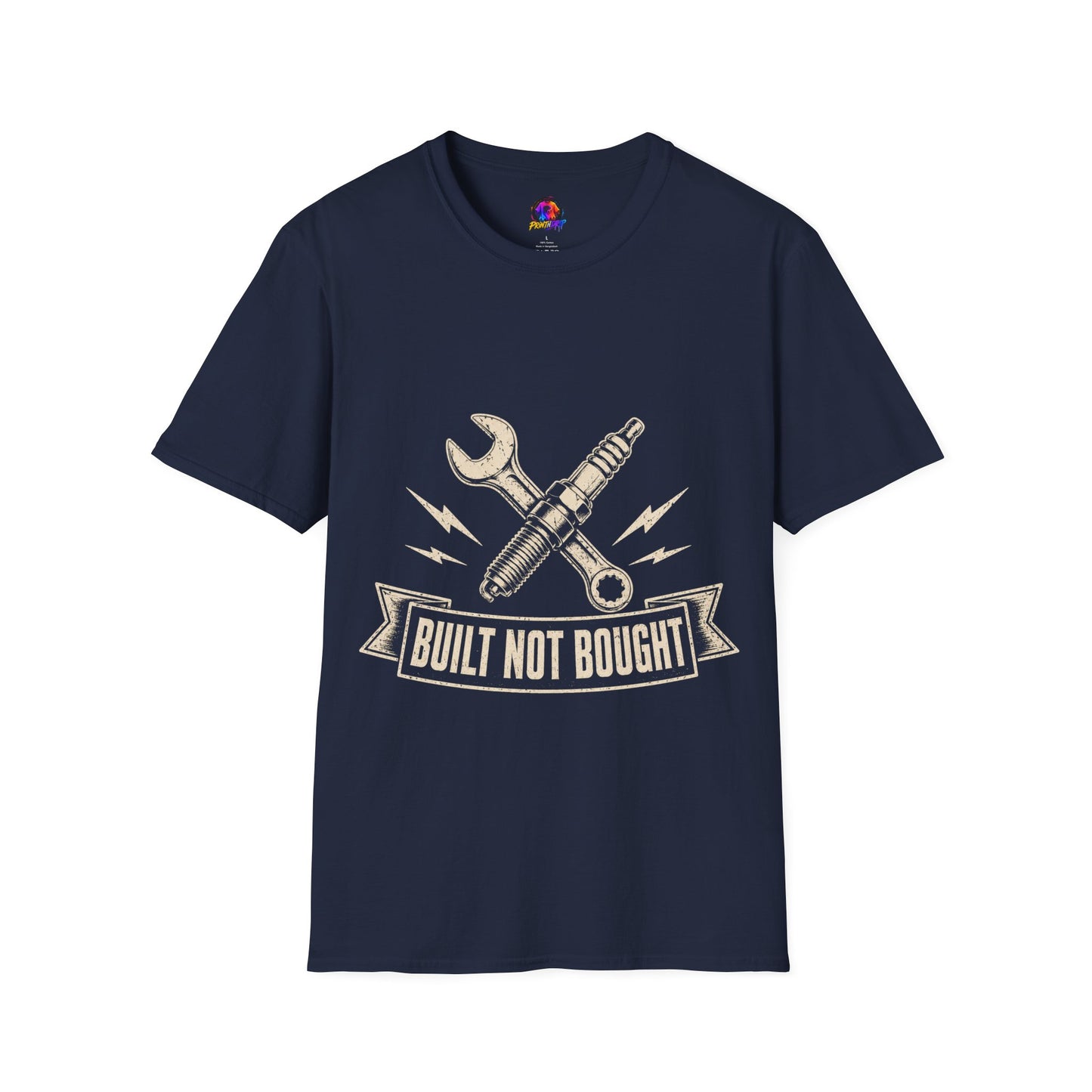 Built Not Bought T-Shirt — Vintage Mechanic Spark Plug & Wrench Tee for DIY Car Enthusiasts
