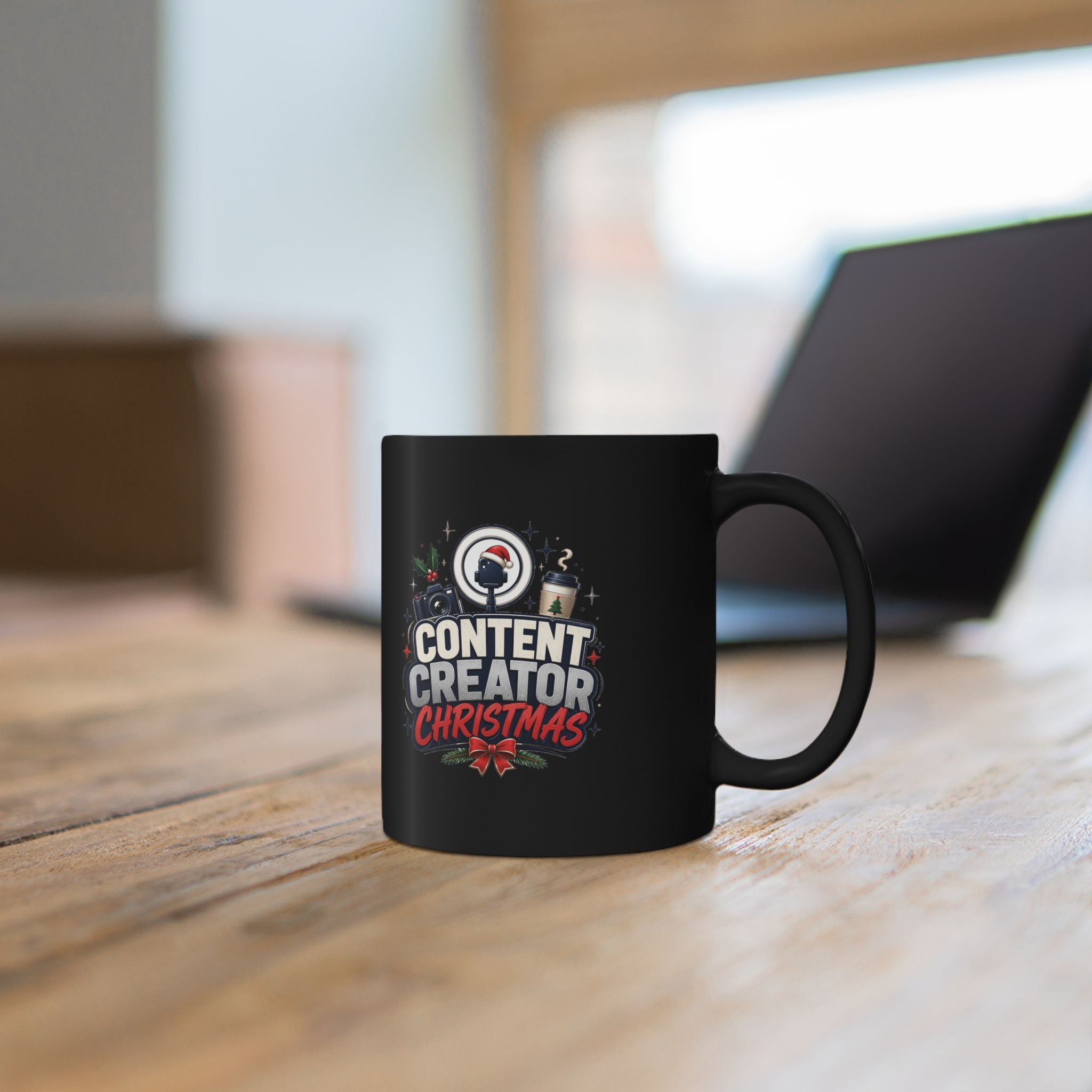 Modern Day Christmas Content Creator Christmas Mug — Black Holiday Coffee Cup for Social Media Creators