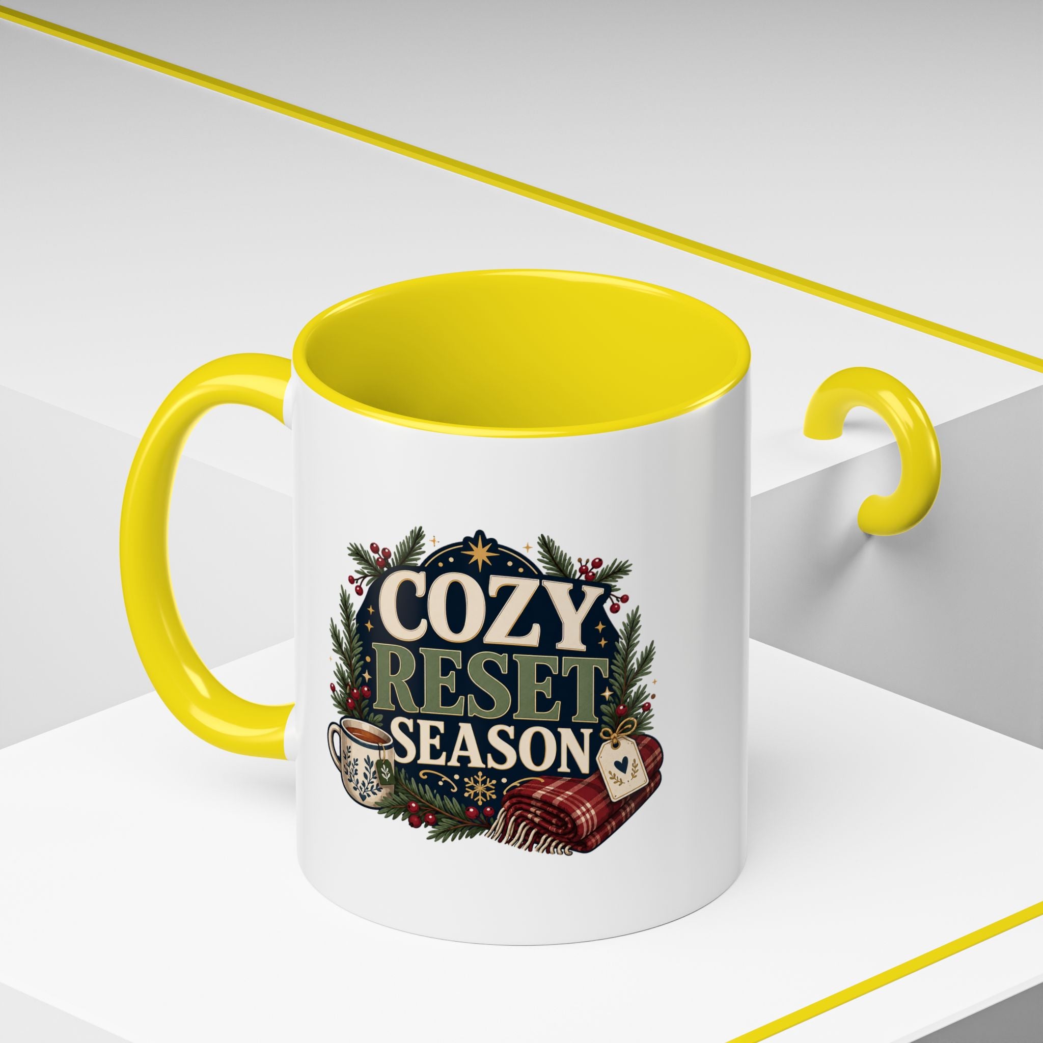Modern Day Christmas Cozy Reset Season Mug — Holiday Coffee Cup with Blanket & Tea Tag Design