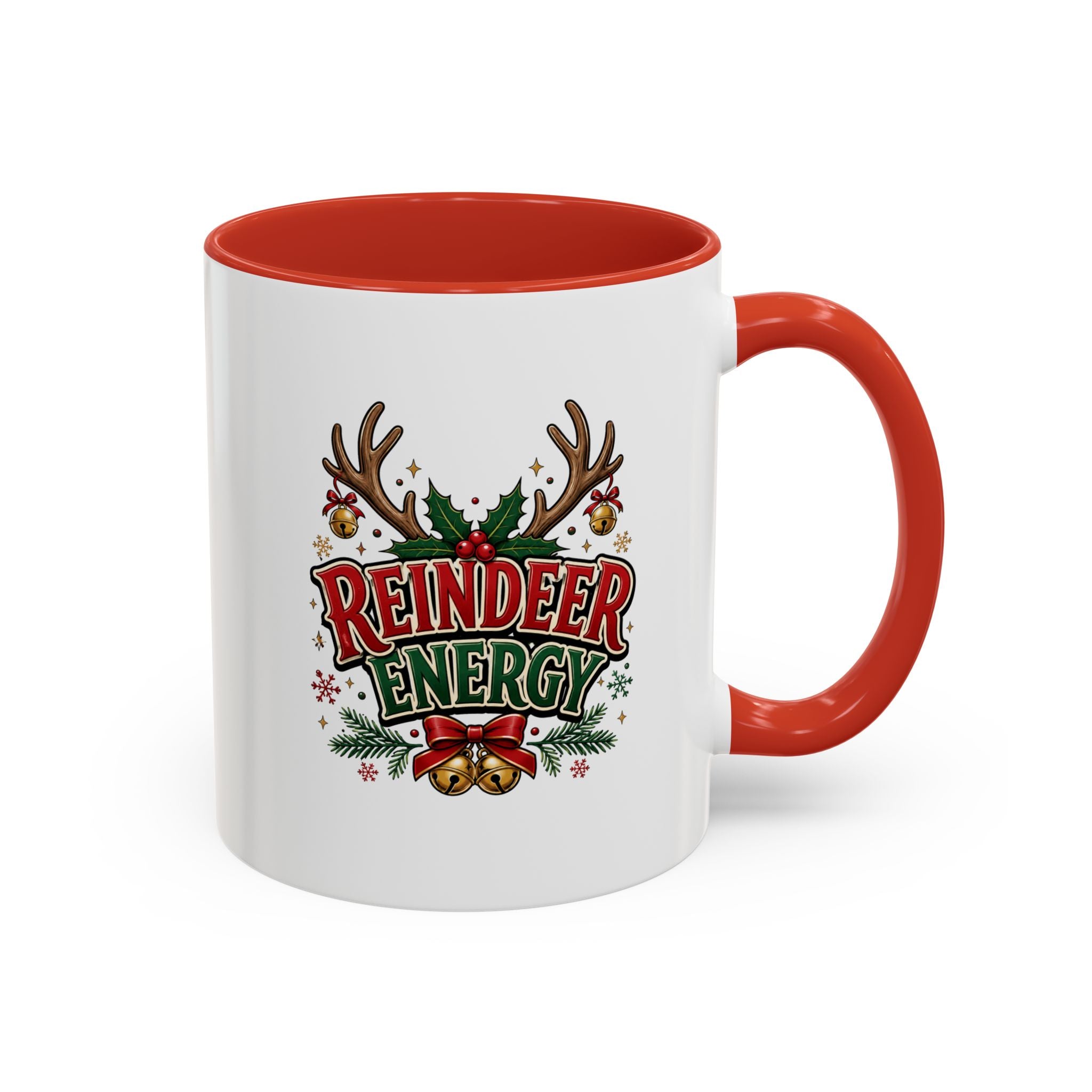 Reindeer Energy Coffee Mug – Holiday Christmas Antlers & Bells Accent Mug