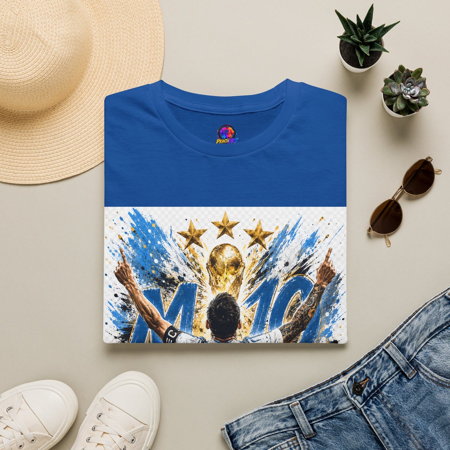 Argentna  Soccer M10 Champion T-Shirt — Gold Trophy & Stars Football Fan Tee