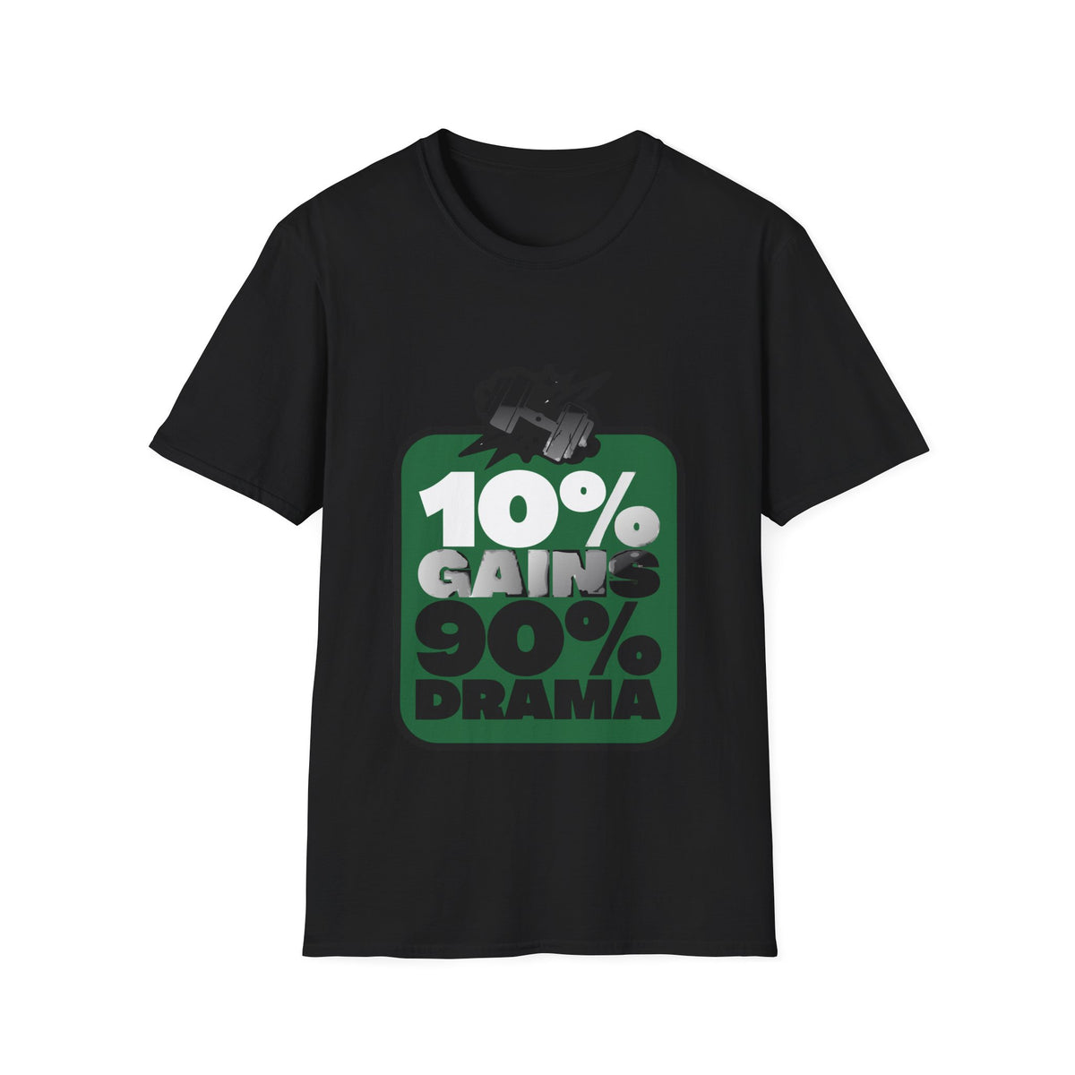 10% Gains 90% Drama Green Badge T-Shirt - Retro Gym Block Graphic Tee - Trending Now - September 2026