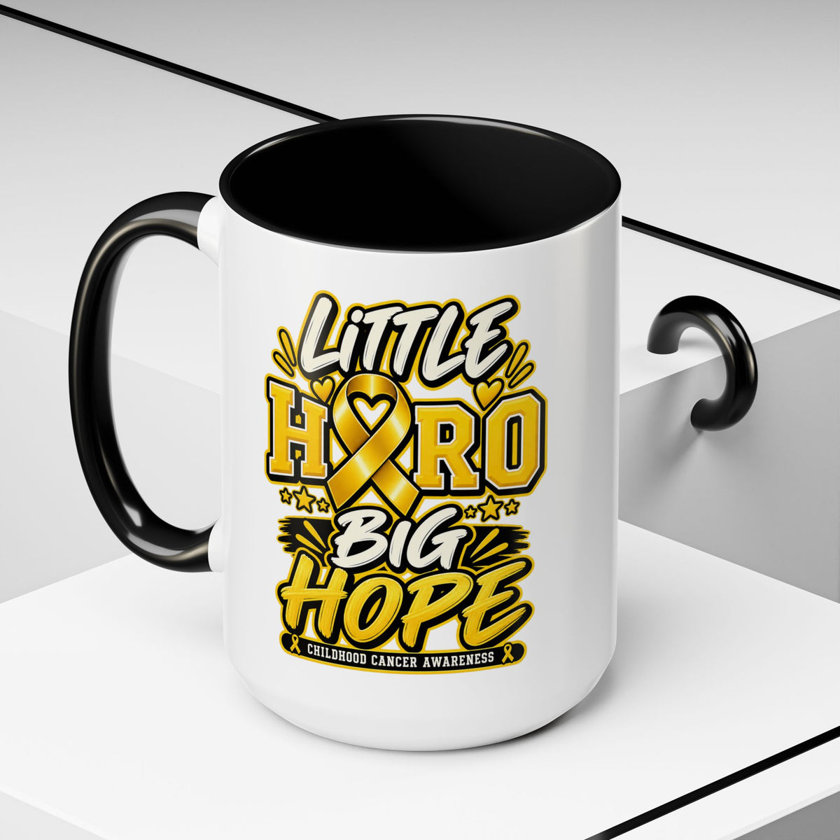 Little Hero Big Hope Coffee Mug — Childhood Cancer Awareness Accent Mug (11/15 oz)