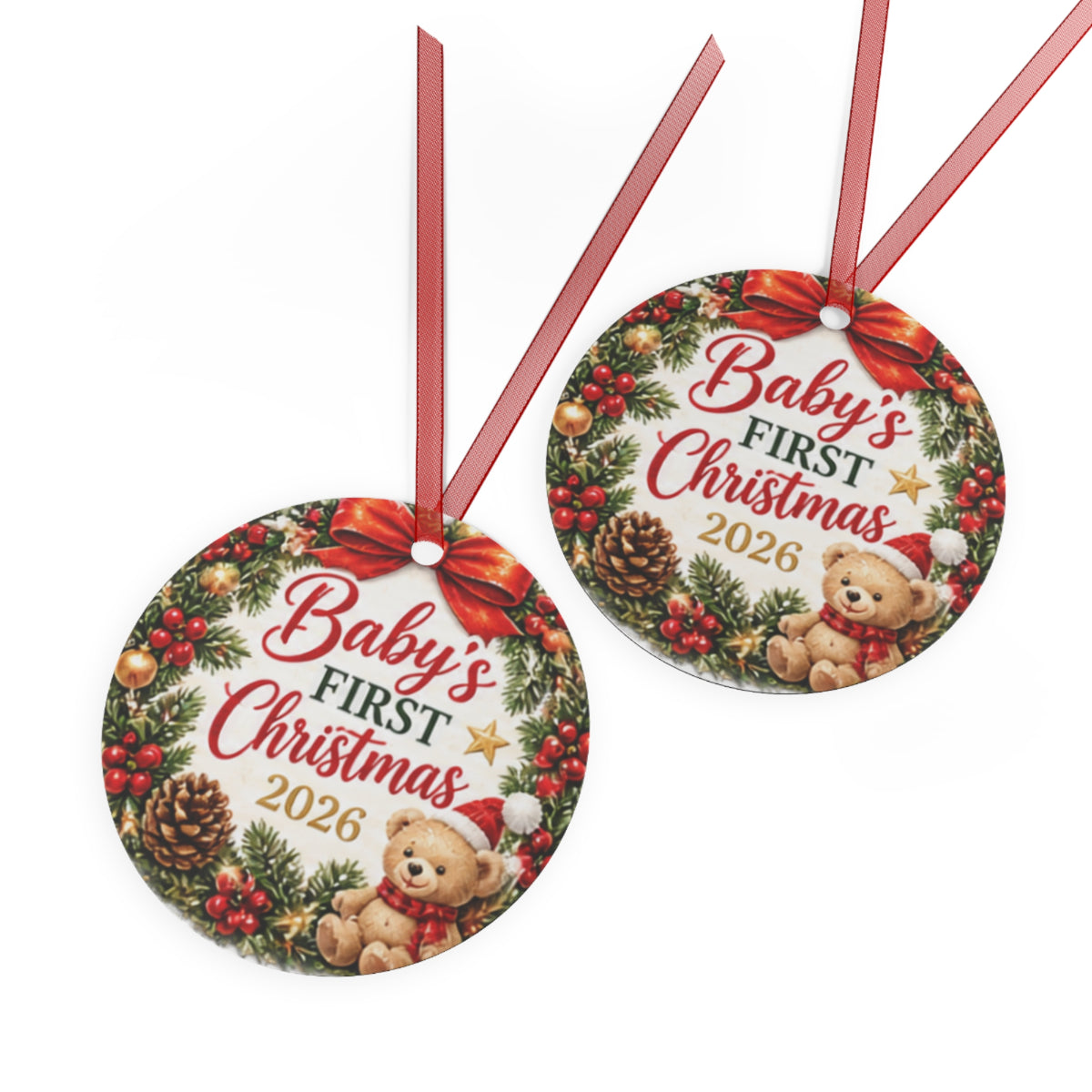 Baby's First Christmas 2026 Metal Ornament — Teddy Wreath Holiday Keepsake