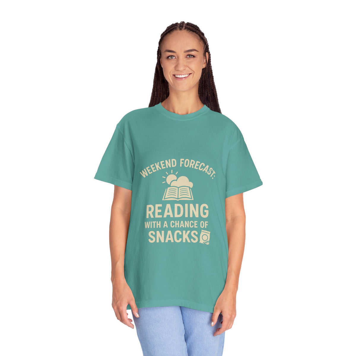 Reading & Snacks T-Shirt — "Weekend Forecast: Reading with a Chance of Snacks" - Trending Now - October 2026
