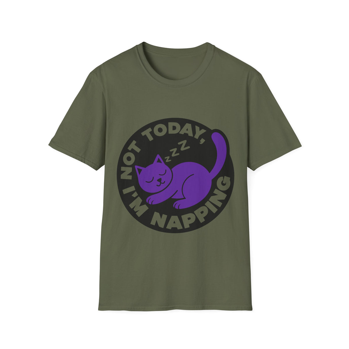 Not Today I'm Napping Purple Cat Tee - Funny Sleeping Kitten Badge Graphic T-Shirt - Trending Now - September 2026