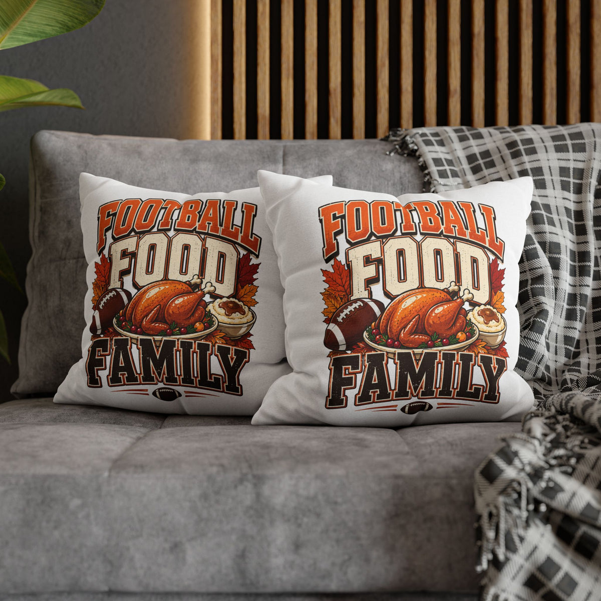 Thanksgiving Football, Food & Family Throw Pillowcase — Thanksgiving Game Day Decoration