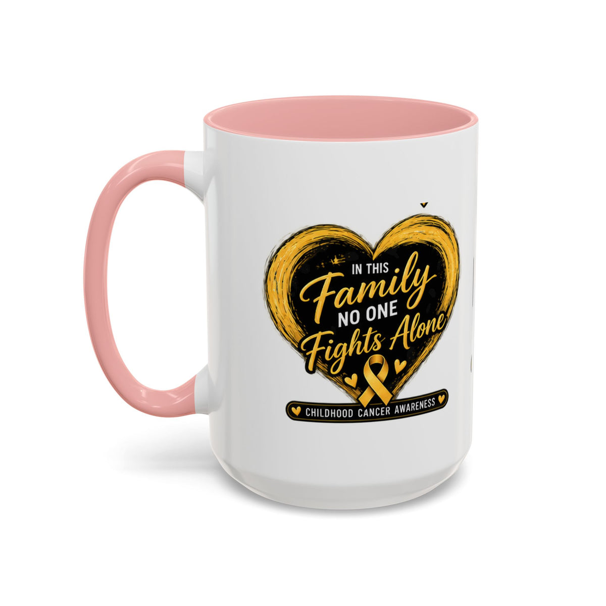 Childhood Cancer Awareness Accent Coffee Mug — "In This Family No One Fights Alone"
