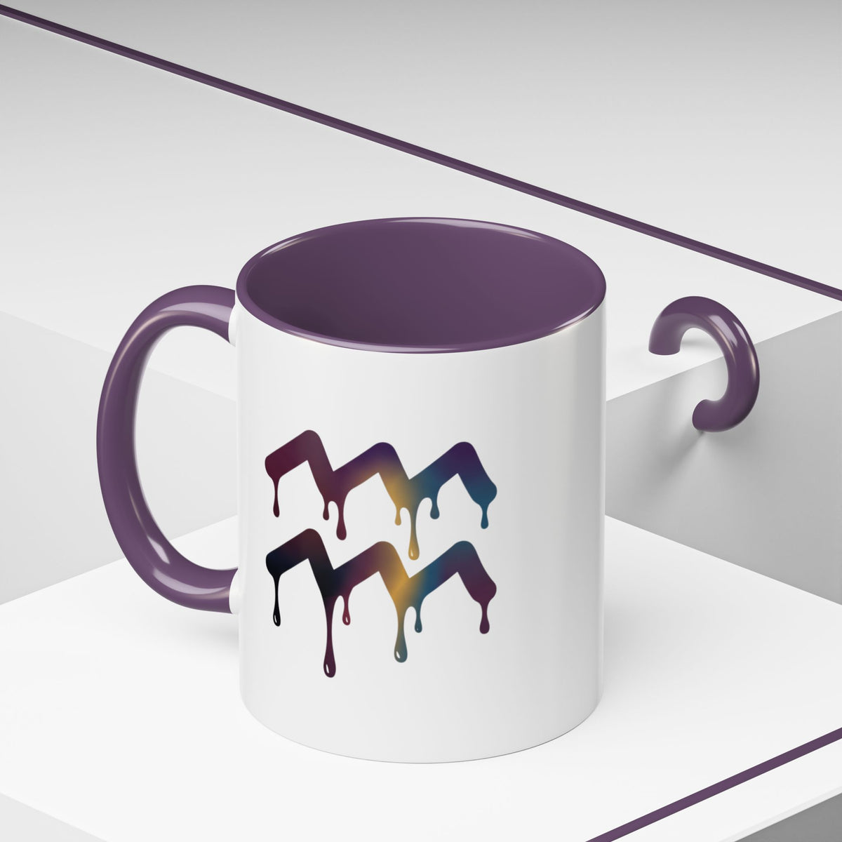 Aquarius Zodiac Dripping Rainbow Chevron Accent Coffee Mug —  Color-Accent Ceramic Mug