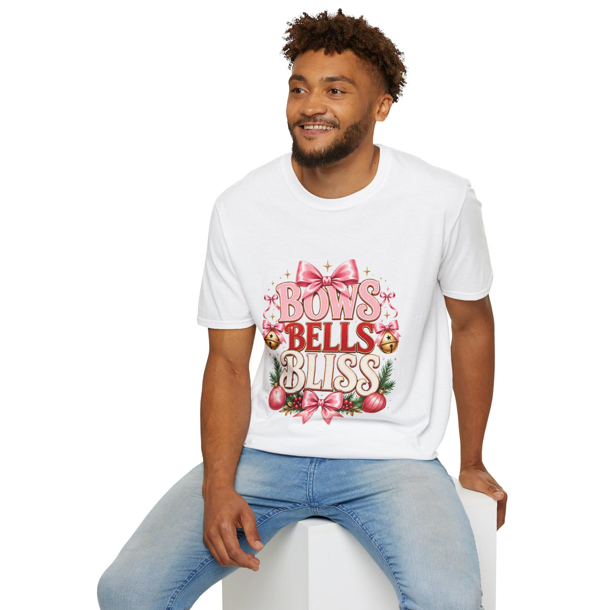 T-Shirt — "Bows Bells Bliss" Pink Holiday Graphic Tee