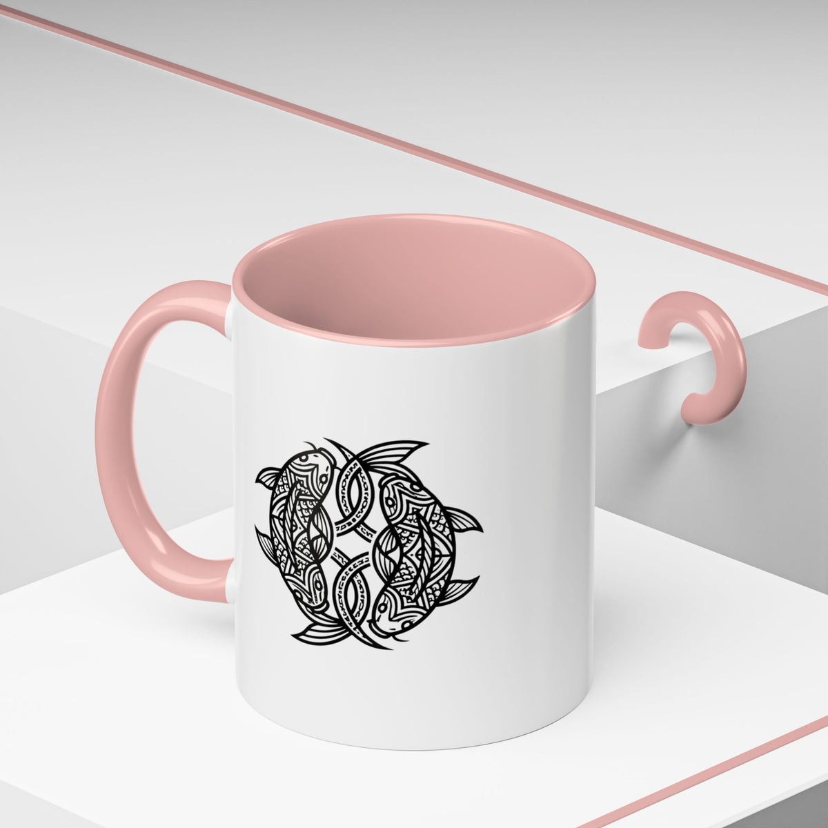 Pisces Zodiac Turtle Mandala Accent Coffee Mug – Black Interior & Handle, Intricate Tribal Sea Turtle Design