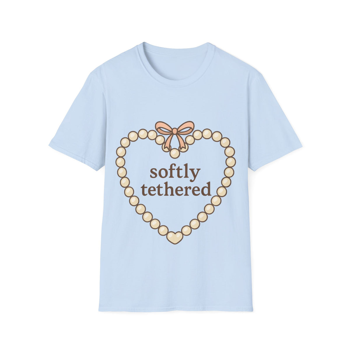 "Softly Tethered" Pearl Heart Ribbon Tee - Cute Coquette Bow Aesthetic White T-Shirt - Trending Now - September 2026