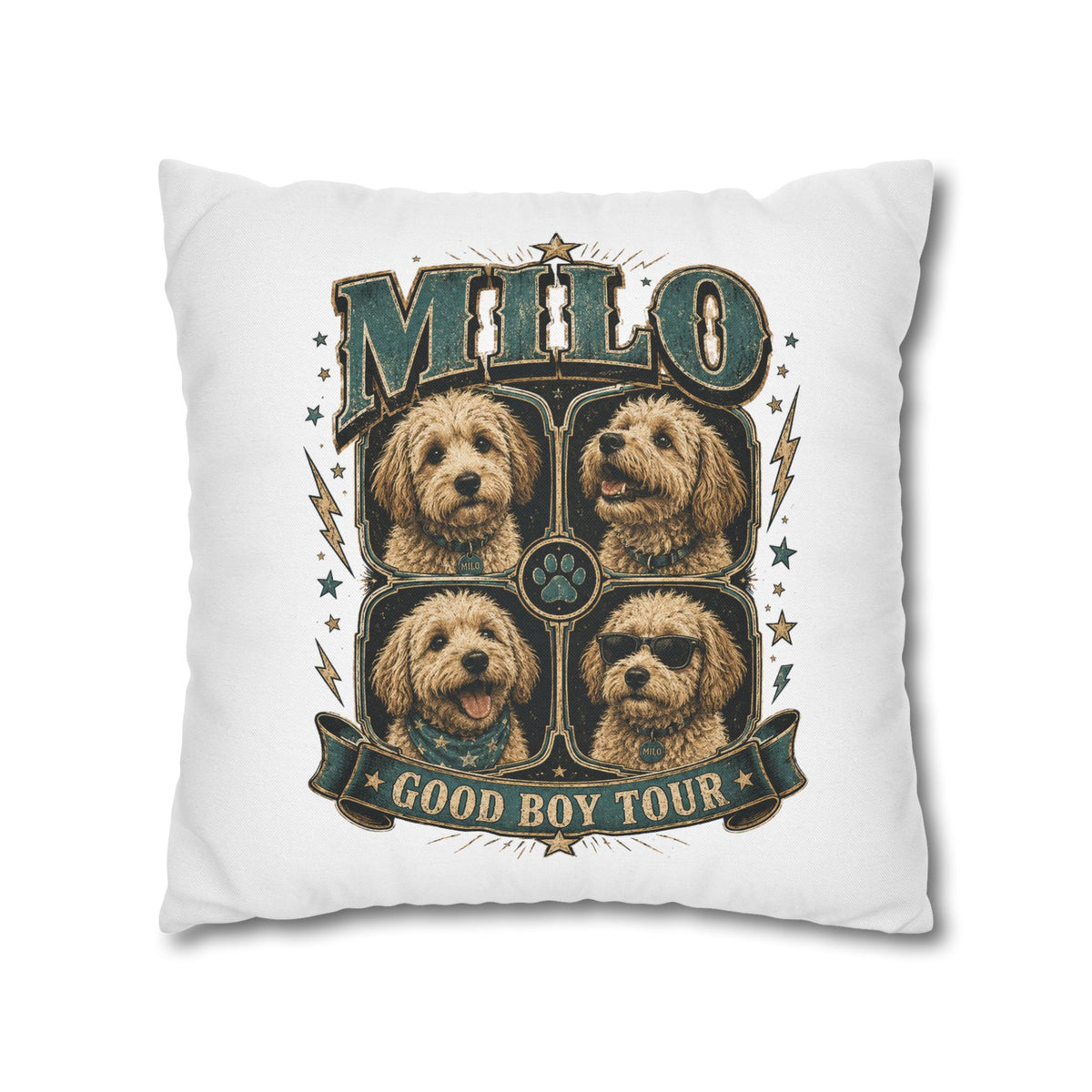 Milo "Good Boy Tour" Decorative Pillowcase — Dog Band Tour Poster Throw Pillowcase Milo Bailey Dog Dad Mom