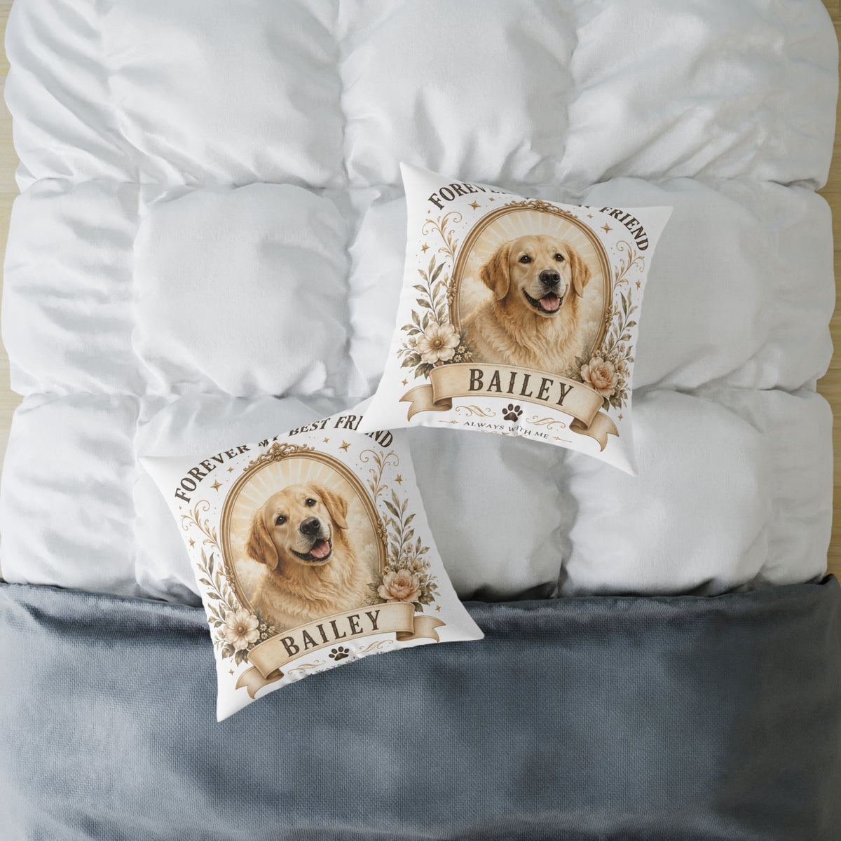 Pet Memorial Pillow Milo Bailey Dog Dad Mom— Personalized "Bailey" Golden Retriever Tribute Square Pillow